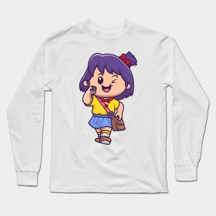 Cute Girl Going To School Cartoon Long Sleeve T-Shirt